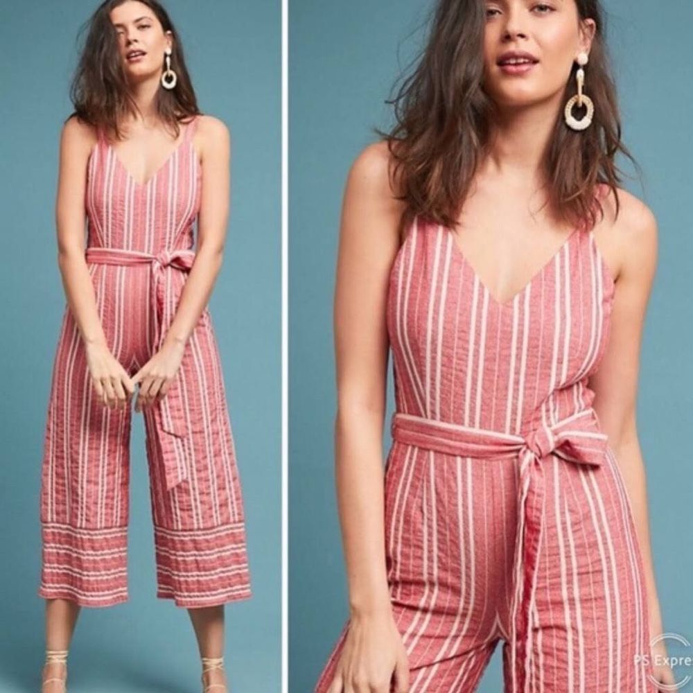 Ett:twa Anthropologie Women's Sleeveless Smock Belted Red Stripe Jumpsuit Size S